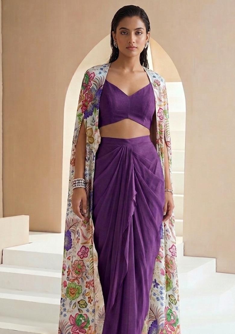 White Printed Chinon Pre Draped Saree Set - Indya