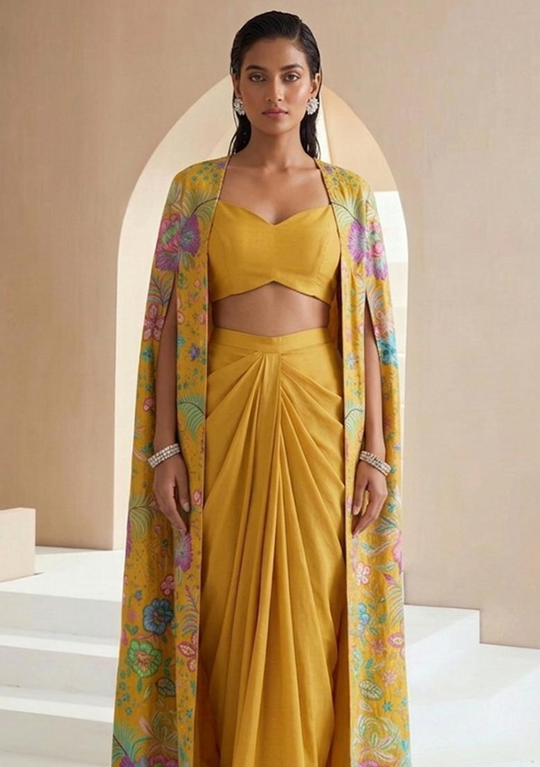 Mustard Yellow Printed Chinon Fusion Set - Indya