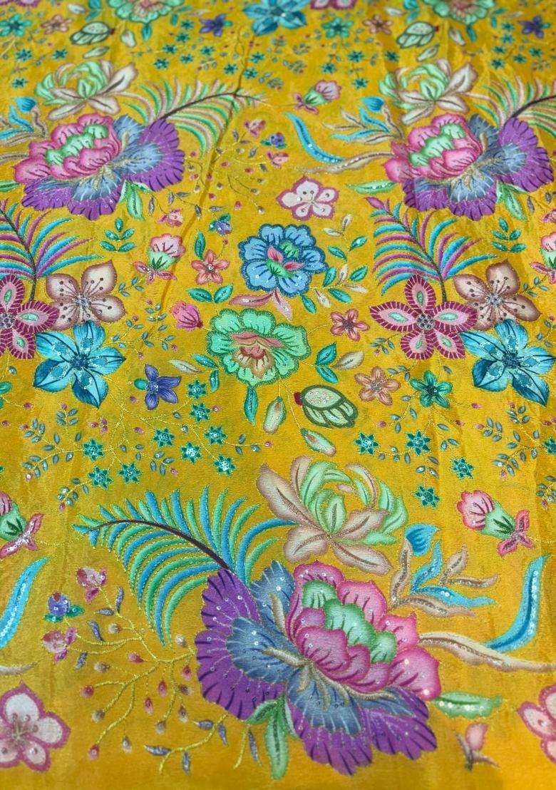 Mustard Yellow Printed Chinon Fusion Set - Indya