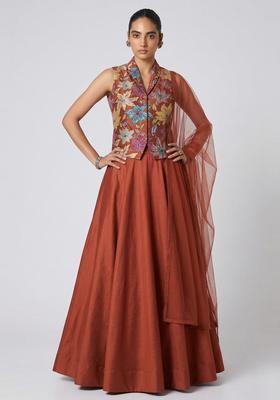 Rust Brown Printed Crepe Lehenga Set