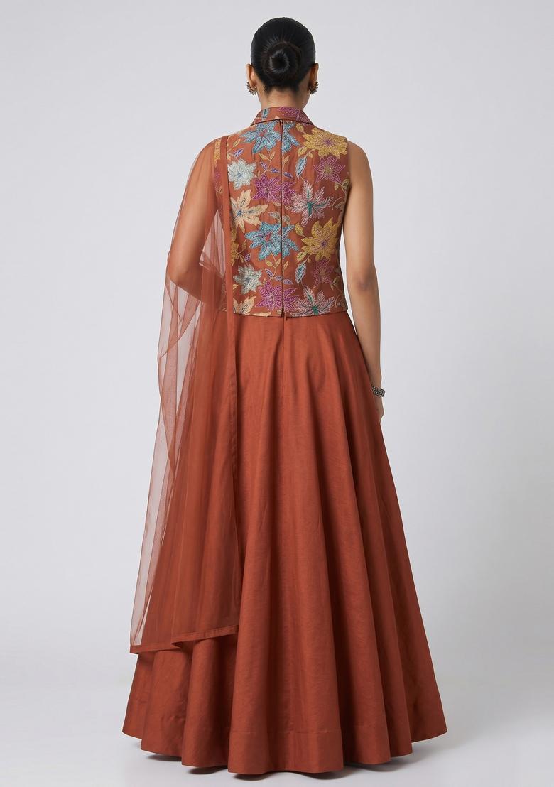 Rust Brown Printed Crepe Lehenga Set - Indya