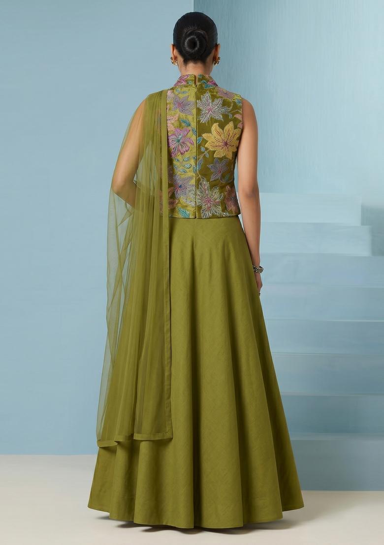 Olive Green Printed Crepe Lehenga Set - Indya