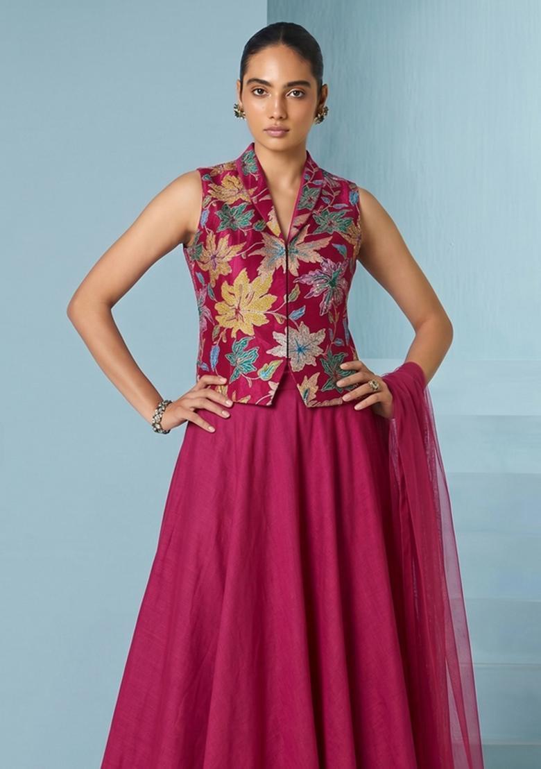 Magenta Printed Crepe Lehenga Set - Indya