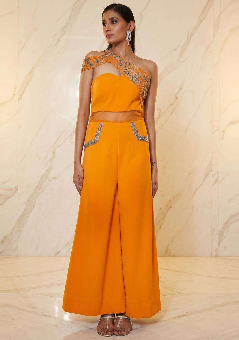 Mustard Yellow Handwork Fusion Set - Indya