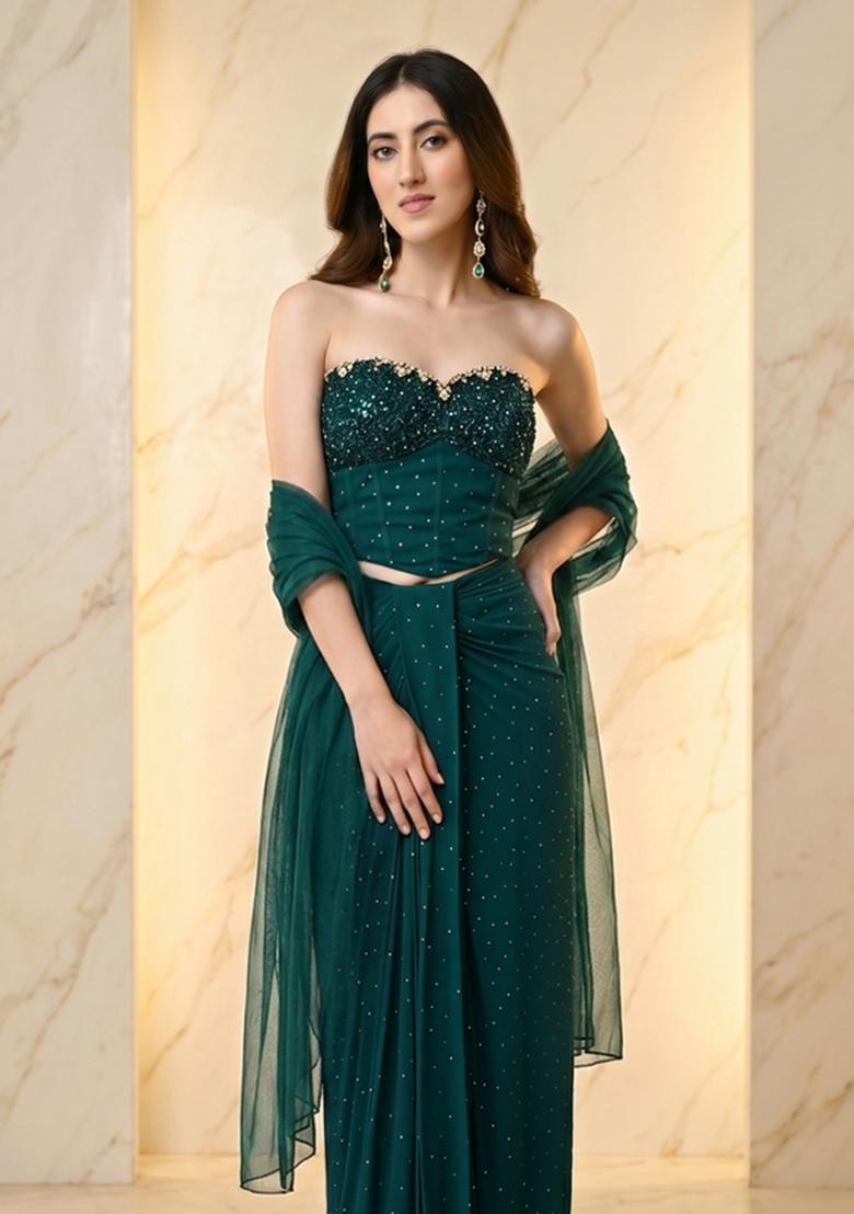 Bottle Green Handwork Fusion Set - Indya