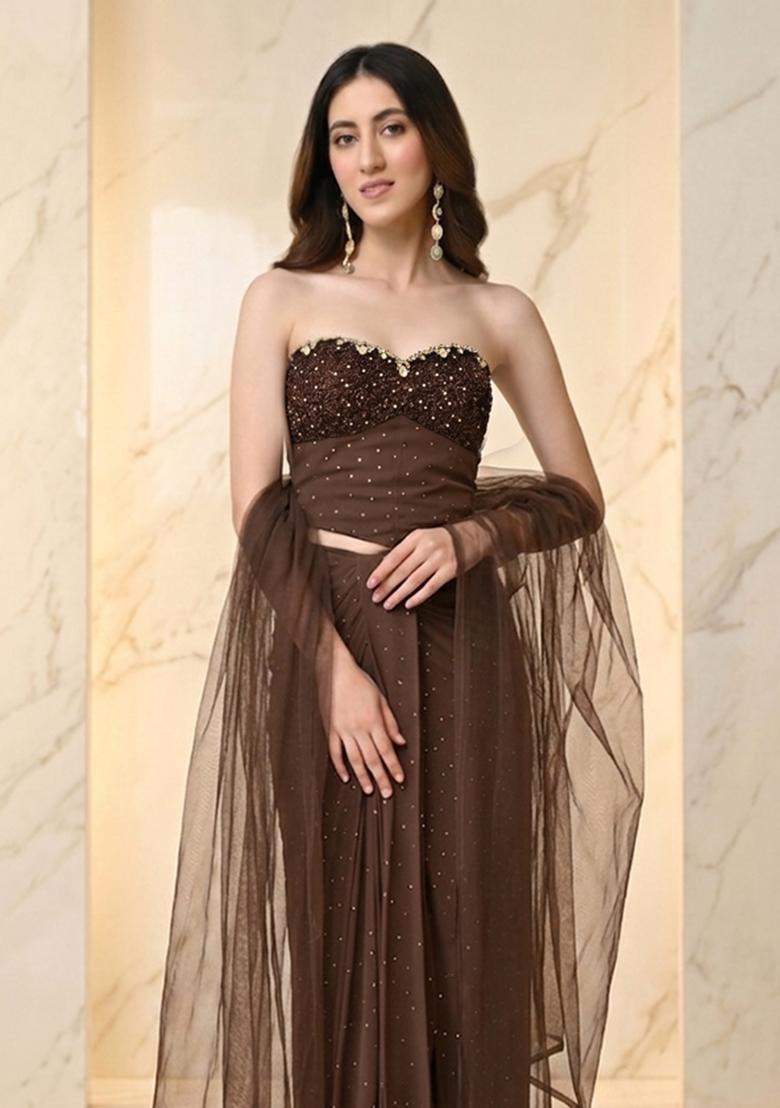 Chocolate Brown Handwork Fusion Set - Indya