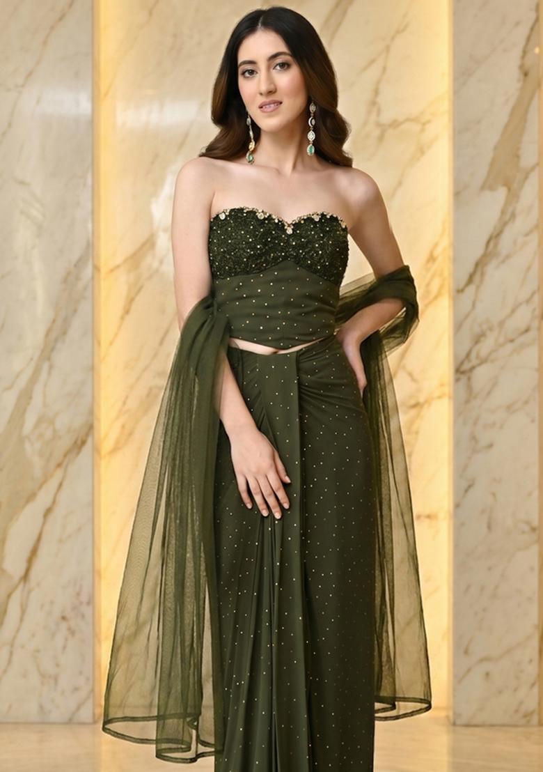 Olive Green Handwork Fusion Set - Indya