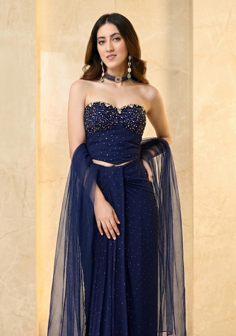 Navy Blue Handwork Fusion Set - Indya