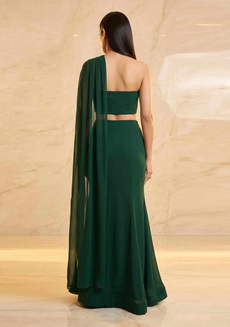Bottle Green Handwork Fusion Set - Indya