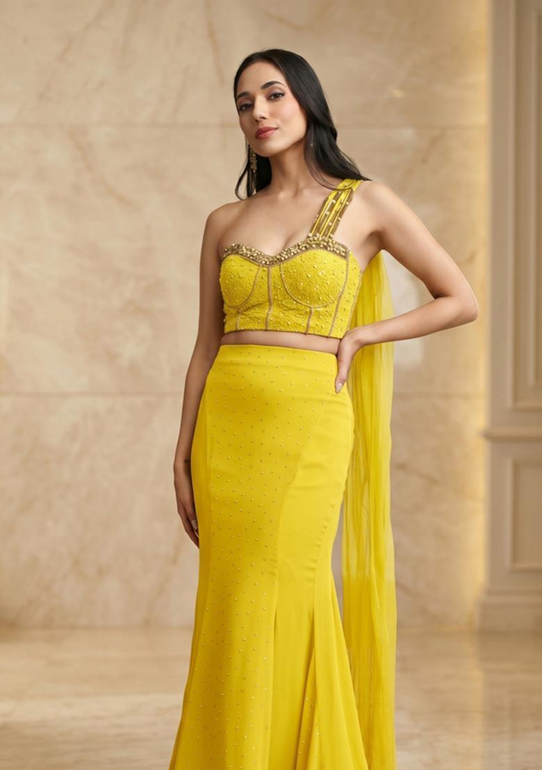 Bright Yellow Handwork Fusion Set - Indya