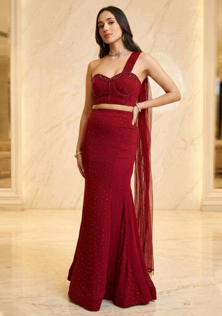 Wine Red Handwork Fusion Set - Indya