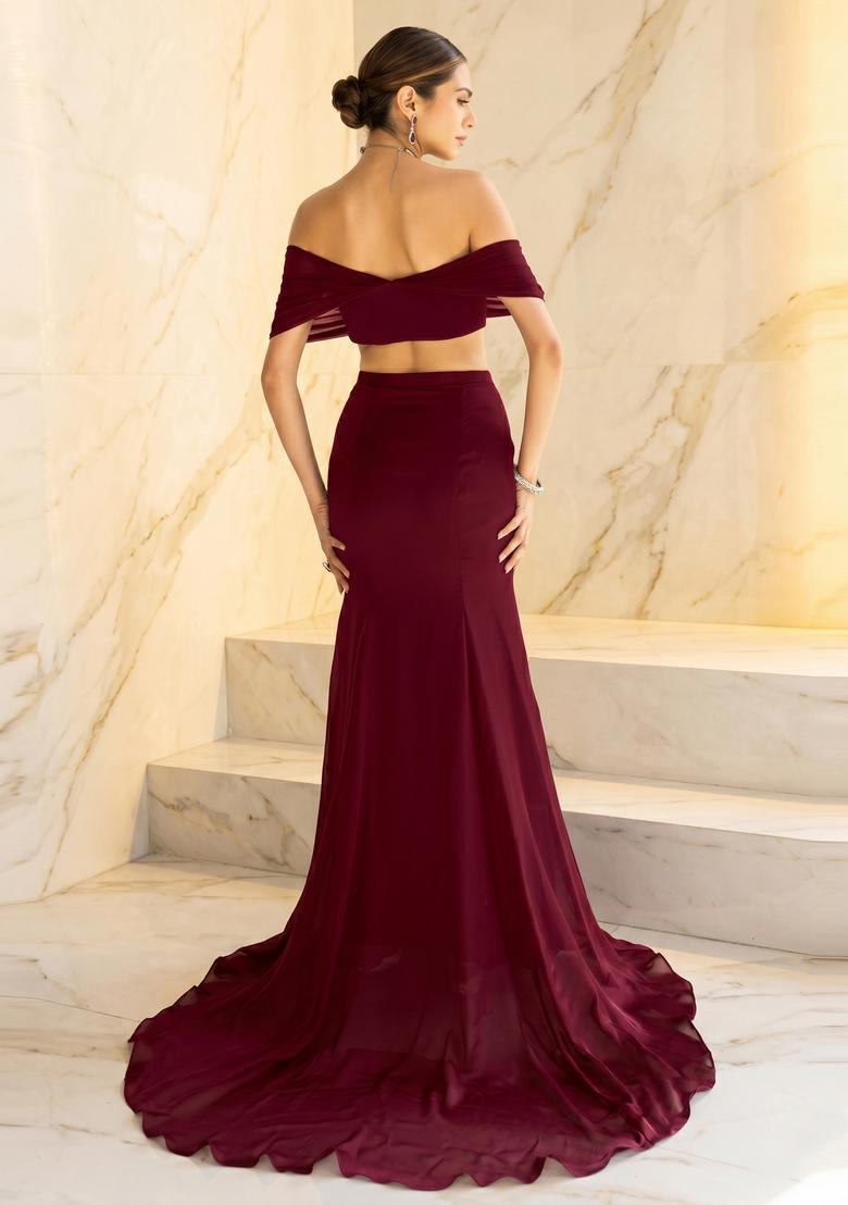 Maroon Handwork Fusion Set - Indya