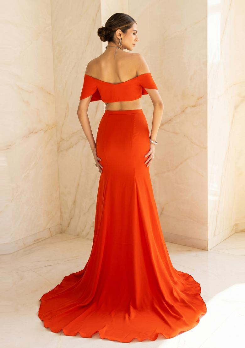 Bright Orange Handwork Fusion Set - Indya