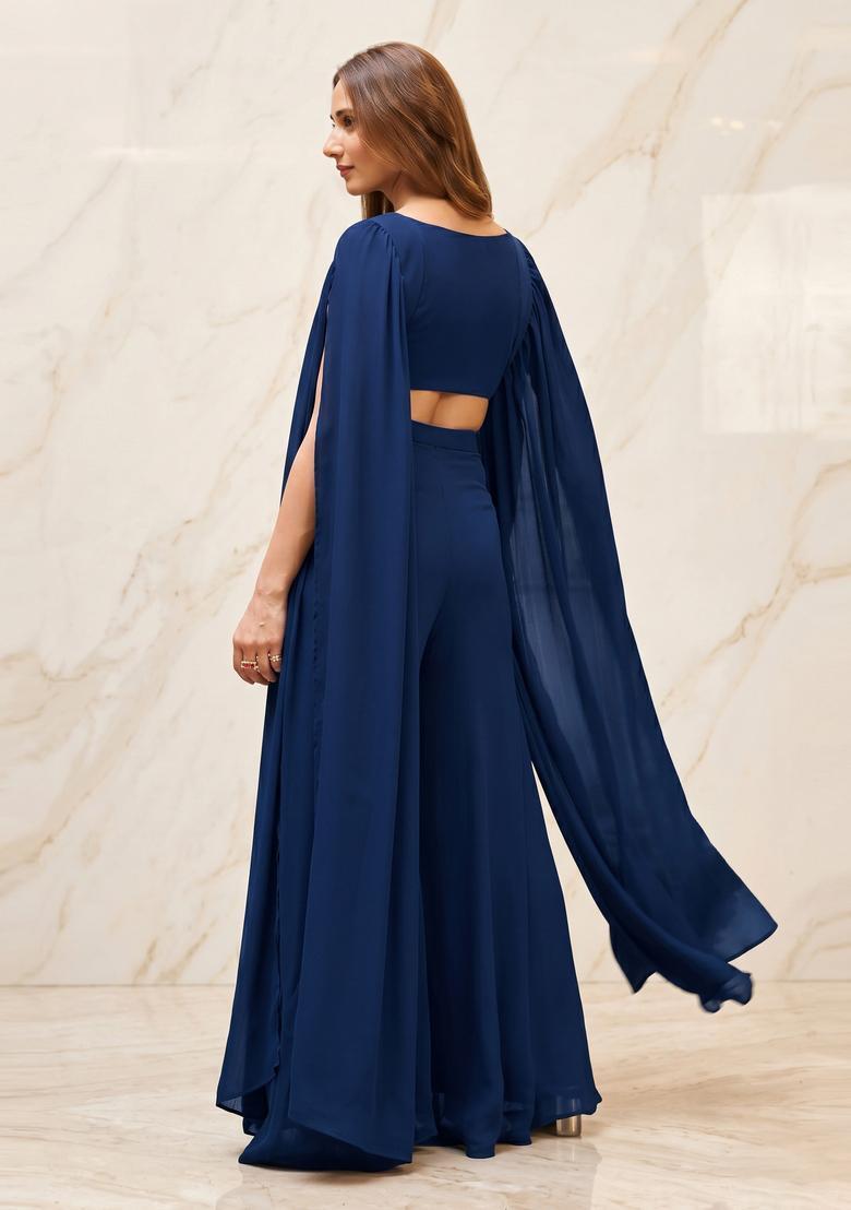 Navy Blue Handwork Fusion Set - Indya
