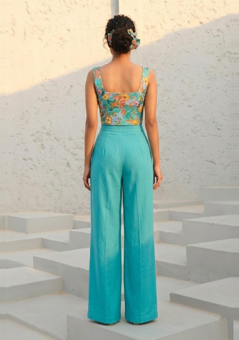 Turquoise Blue Printed Silk Blend Fusion Set - Indya