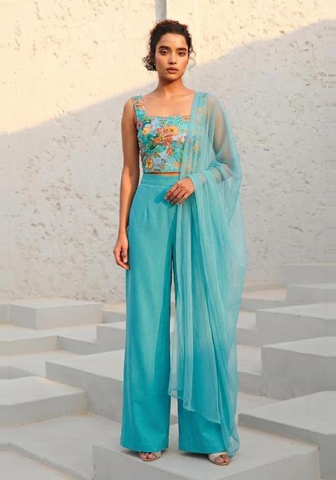 Turquoise Blue Printed Silk Blend Fusion Set
