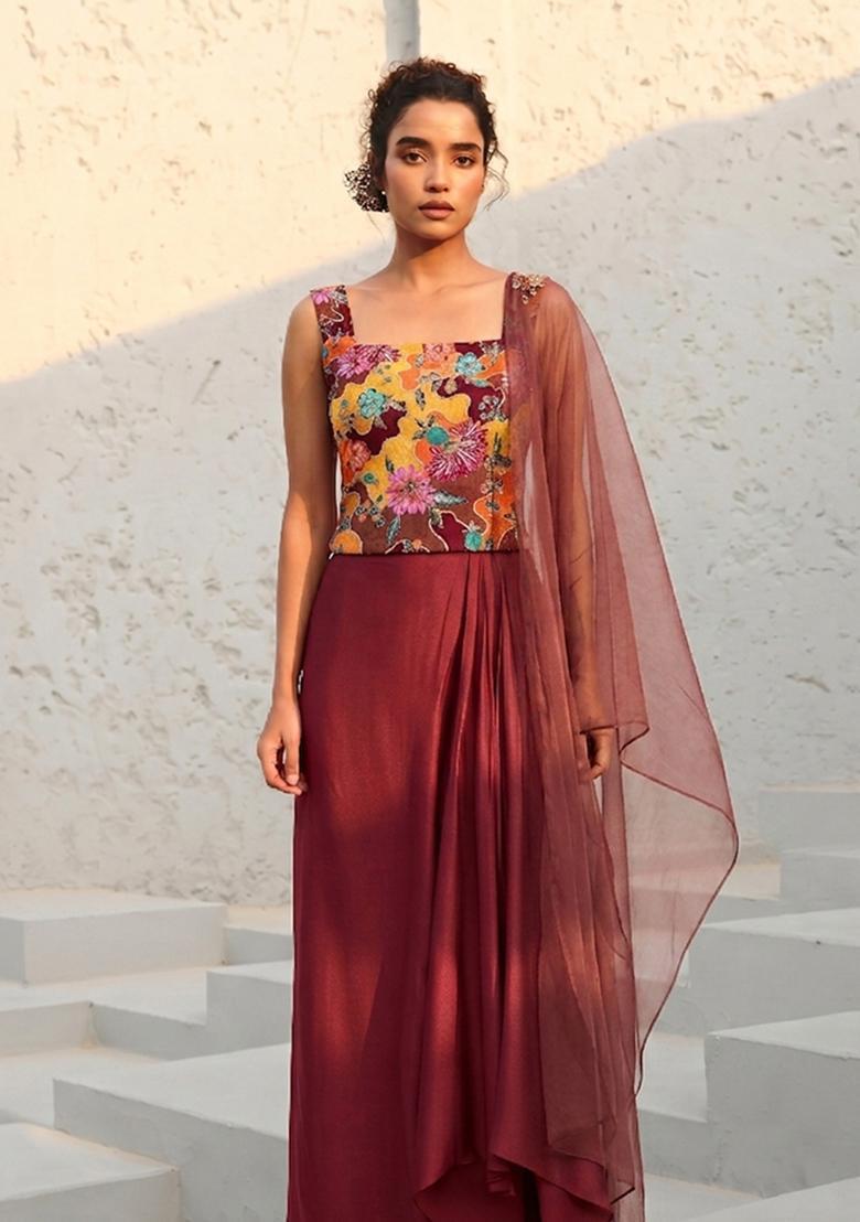 Maroon Printed Silk Blend Fusion Set - Indya