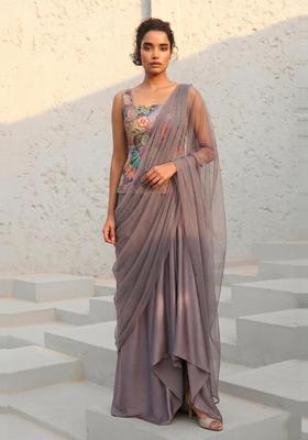 Mauve Printed Silk Blend Fusion Set