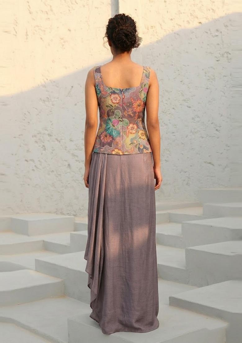 Mauve Printed Silk Blend Fusion Set - Indya