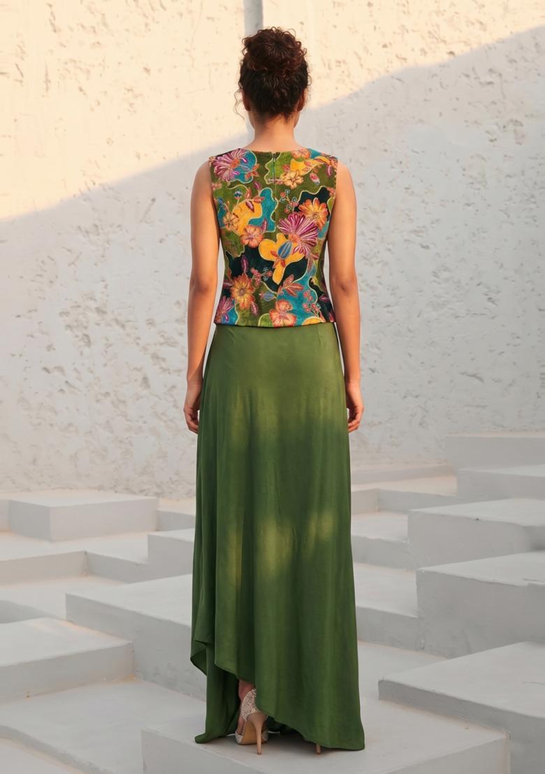 Olive Green Printed Silk Blend Fusion Set - Indya