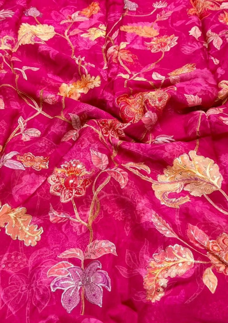 Magenta Embroidered Organza Fusion Set - Indya