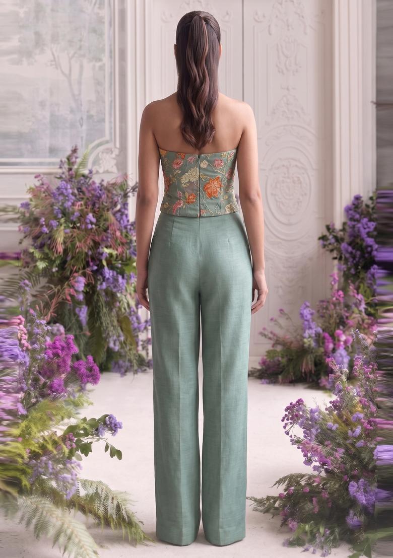 Sage Green Embroidered Organza Fusion Set - Indya