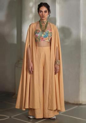 Peach Embroidered Silk Blend Fusion Set