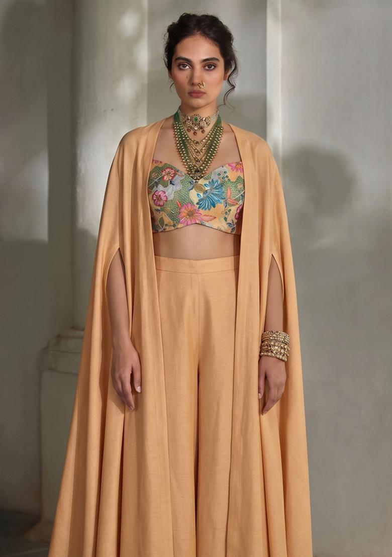 Peach Embroidered Silk Blend Fusion Set - Indya