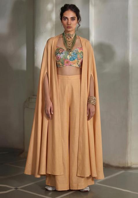 Peach Embroidered Silk Blend Fusion Set