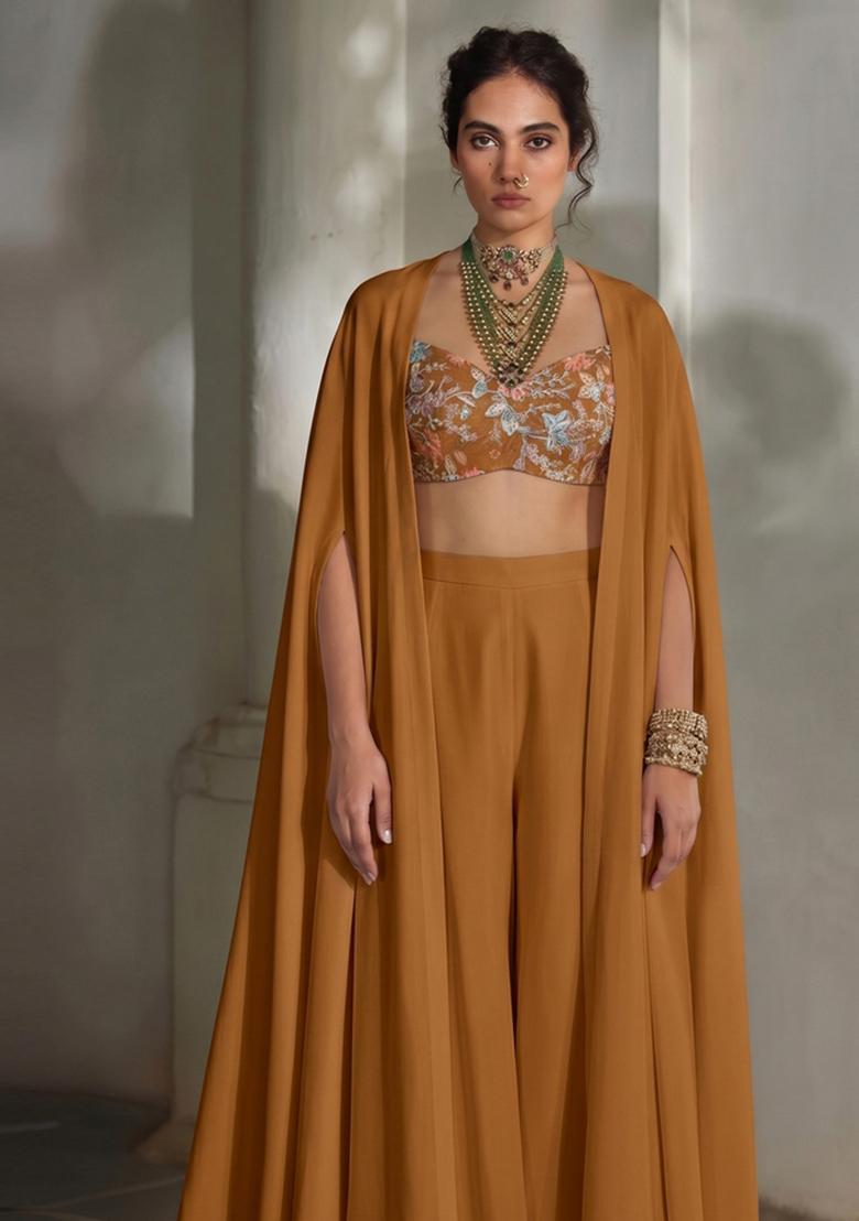 Mustard Embroidered Silk Blend Fusion Set - Indya
