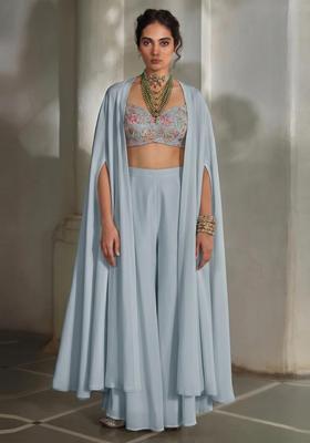 Powder Blue Embroidered Silk Blend Fusion Set