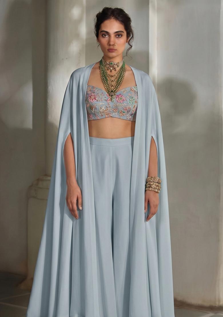 Powder Blue Embroidered Silk Blend Fusion Set - Indya
