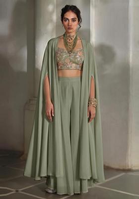 Sage Green Embroidered Silk Blend Fusion Set