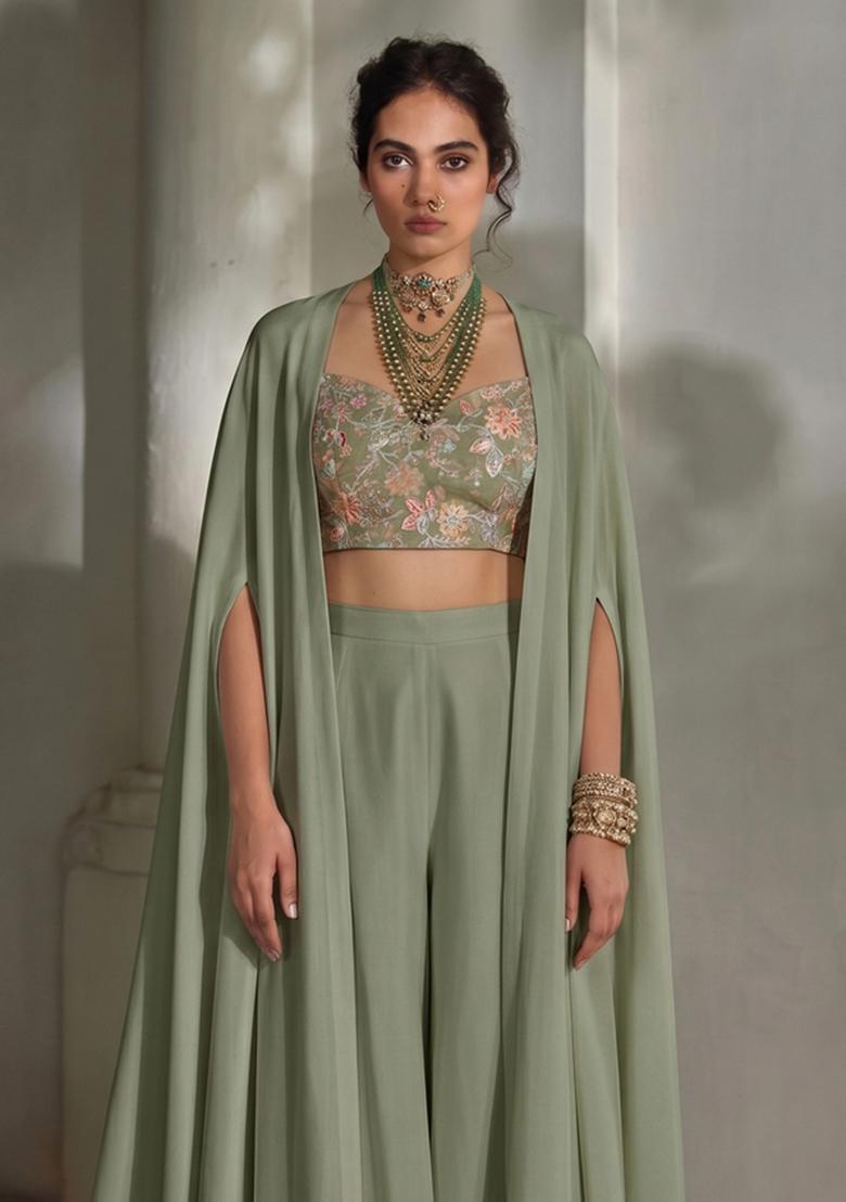 Sage Green Embroidered Silk Blend Fusion Set - Indya