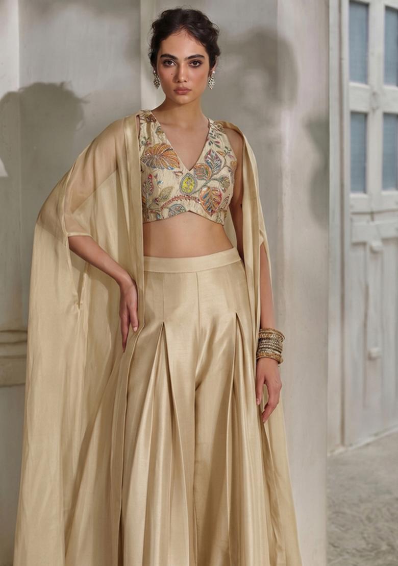 Champagne Gold Embroidered Tissue Fusion Set - Indya