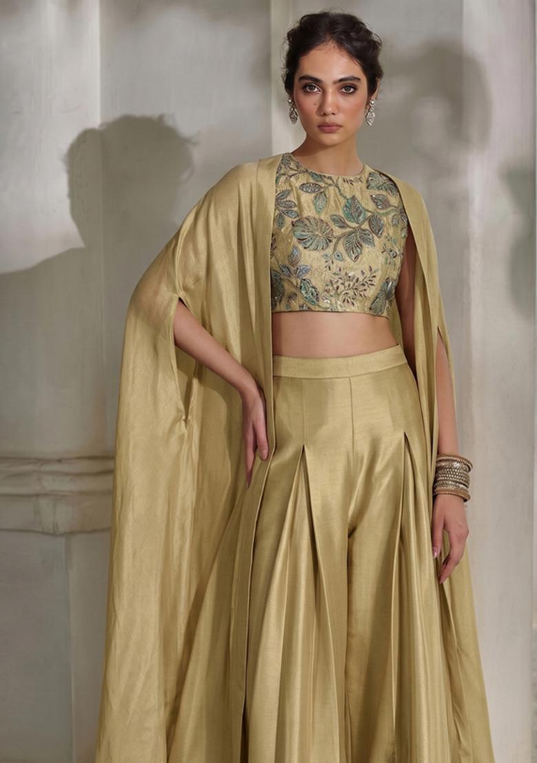 Antique Gold Embroidered Tissue Fusion Set - Indya