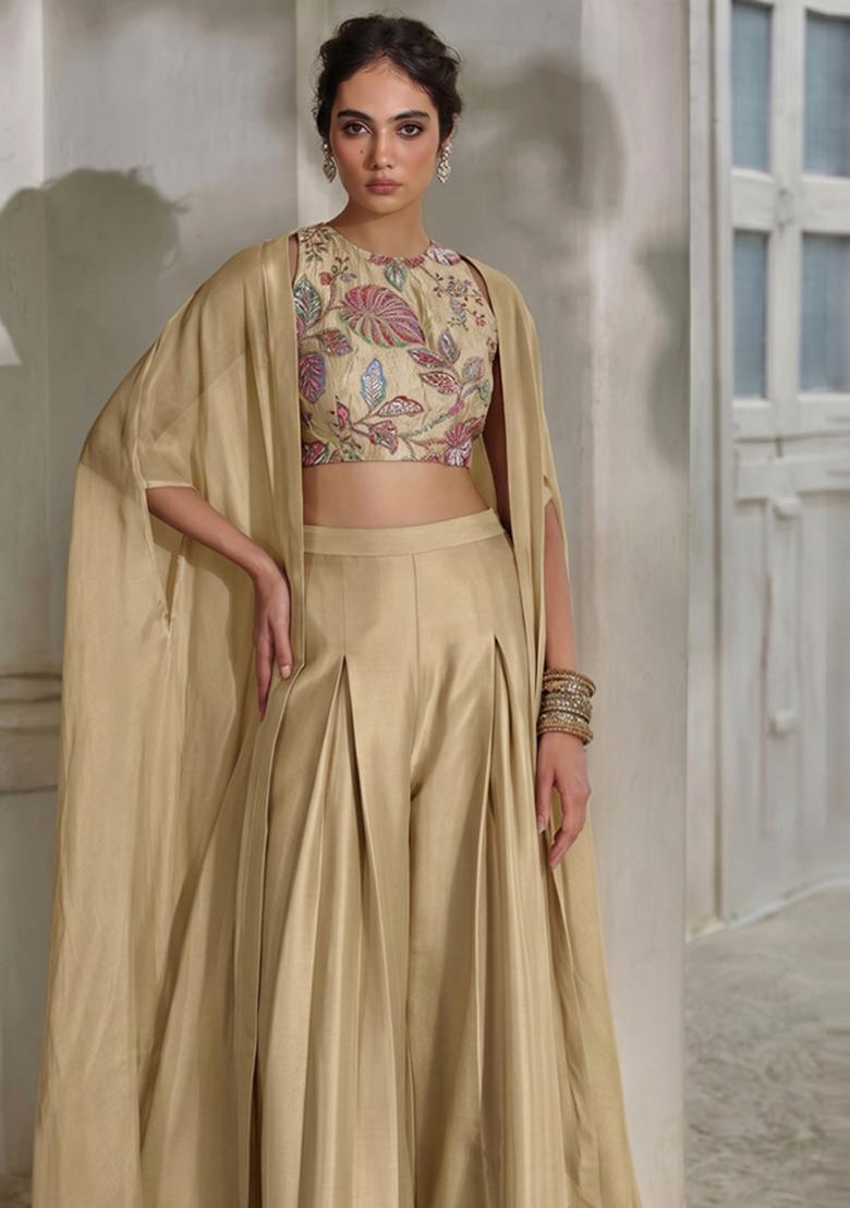 Beige Gold Embroidered Tissue Fusion Set - Indya