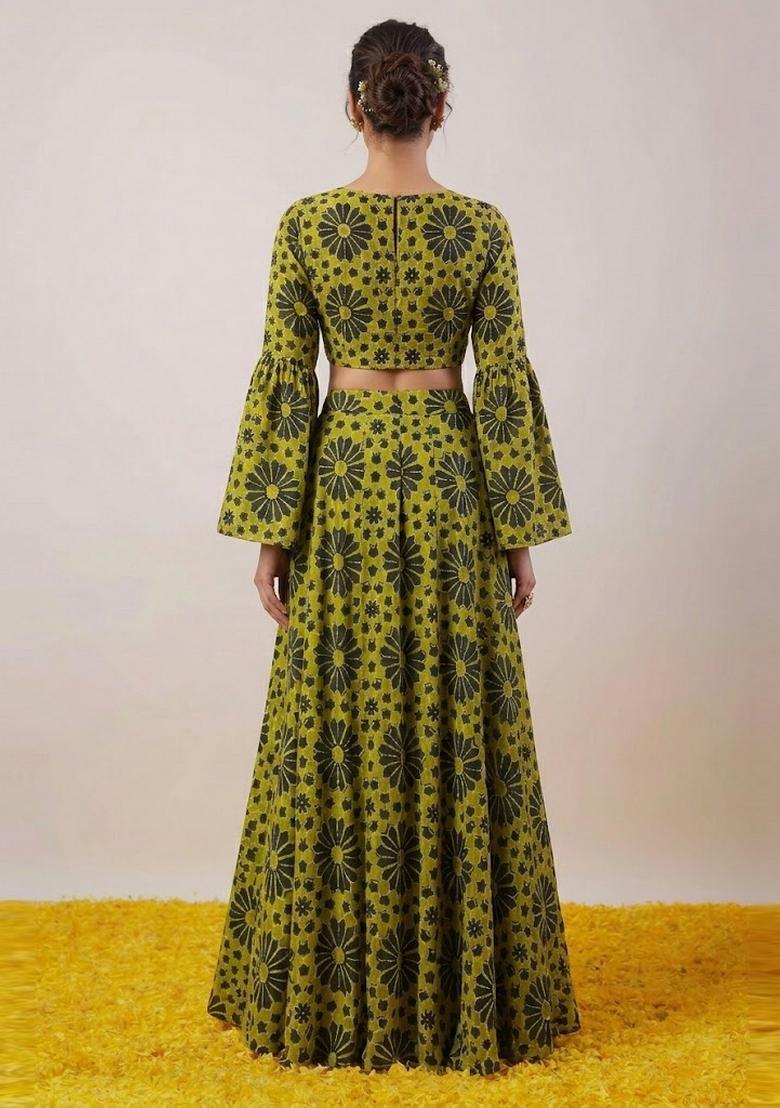 Lime Green Printed Satin Lehenga Set - Indya