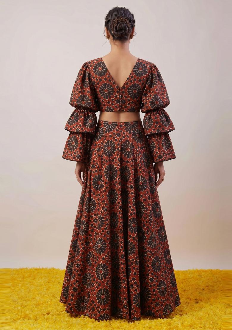 Brown Printed Satin Lehenga Set - Indya