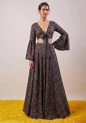 Grey Printed Satin Lehenga Set