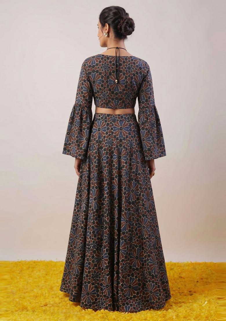 Grey Printed Satin Lehenga Set - Indya
