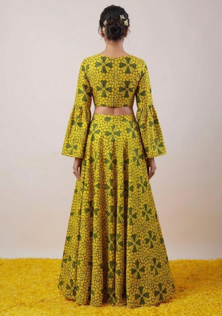Bright Yellow Printed Satin Lehenga Set - Indya