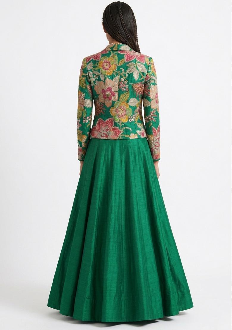 Emerald Green Printed Viscose Lehenga Set - Indya