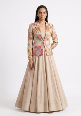 Pastel Beige Printed Viscose Lehenga Set