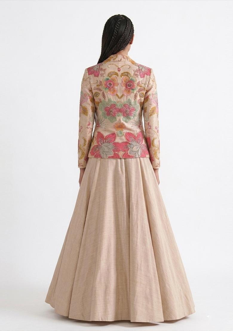 Pastel Beige Printed Viscose Lehenga Set - Indya
