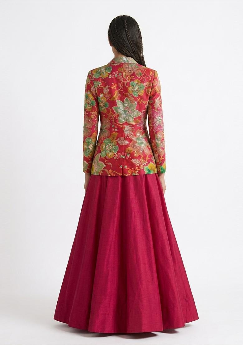 Red Printed Viscose Lehenga Set - Indya