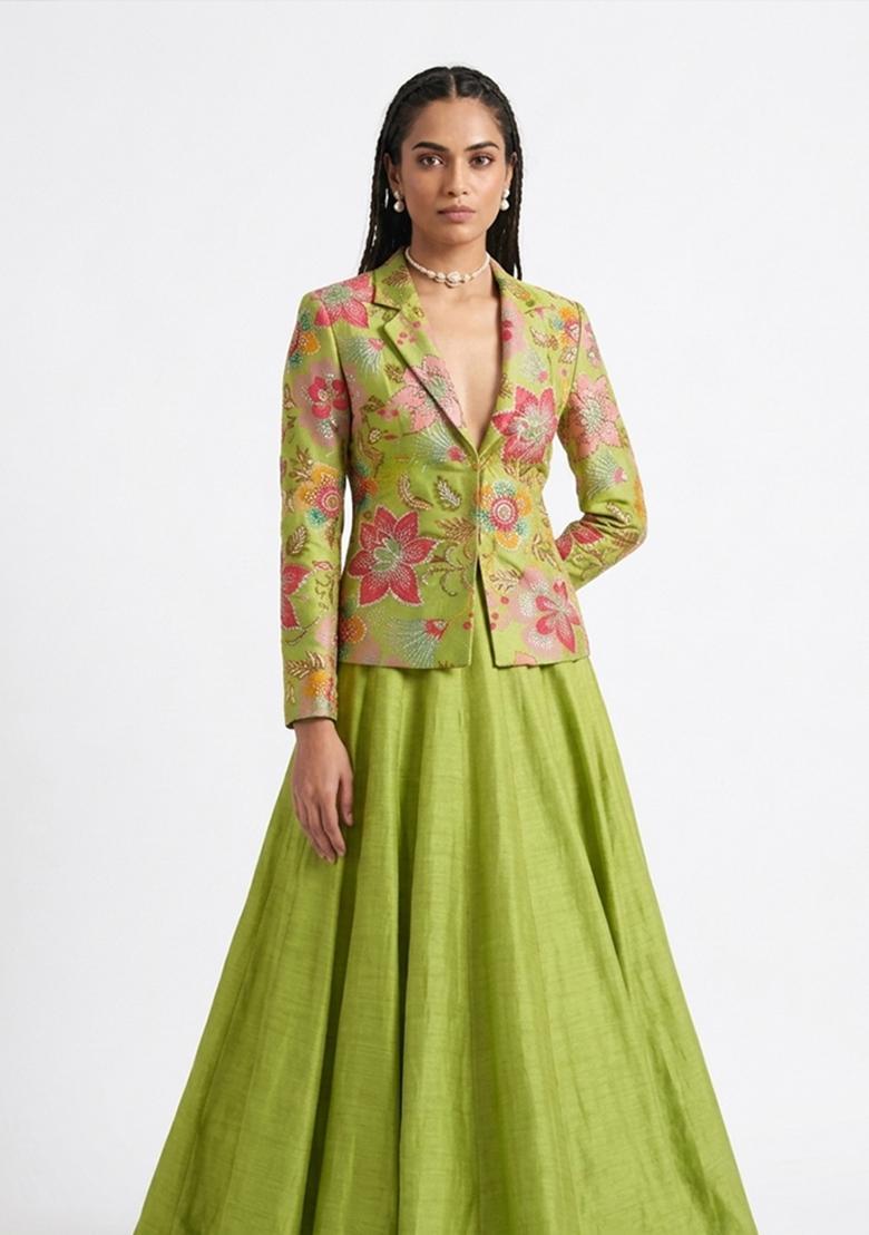 Lime Green Printed Viscose Lehenga Set - Indya