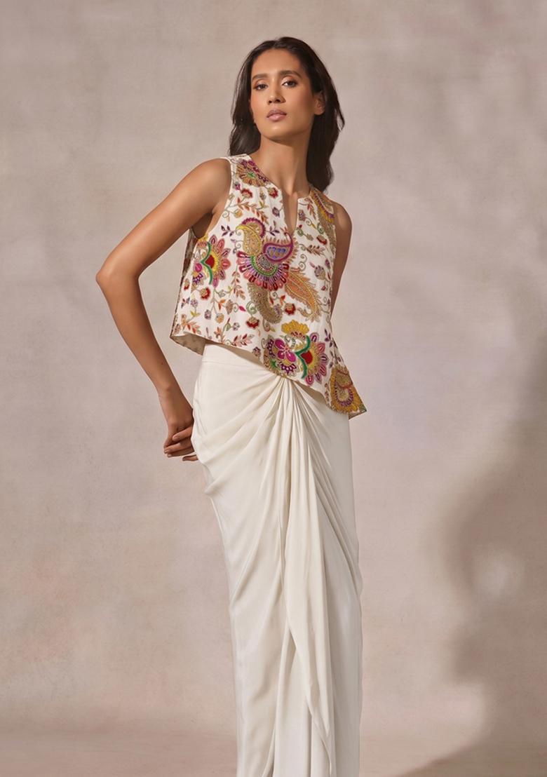 Off-White Embroidered Crepe Fusion Set - Indya