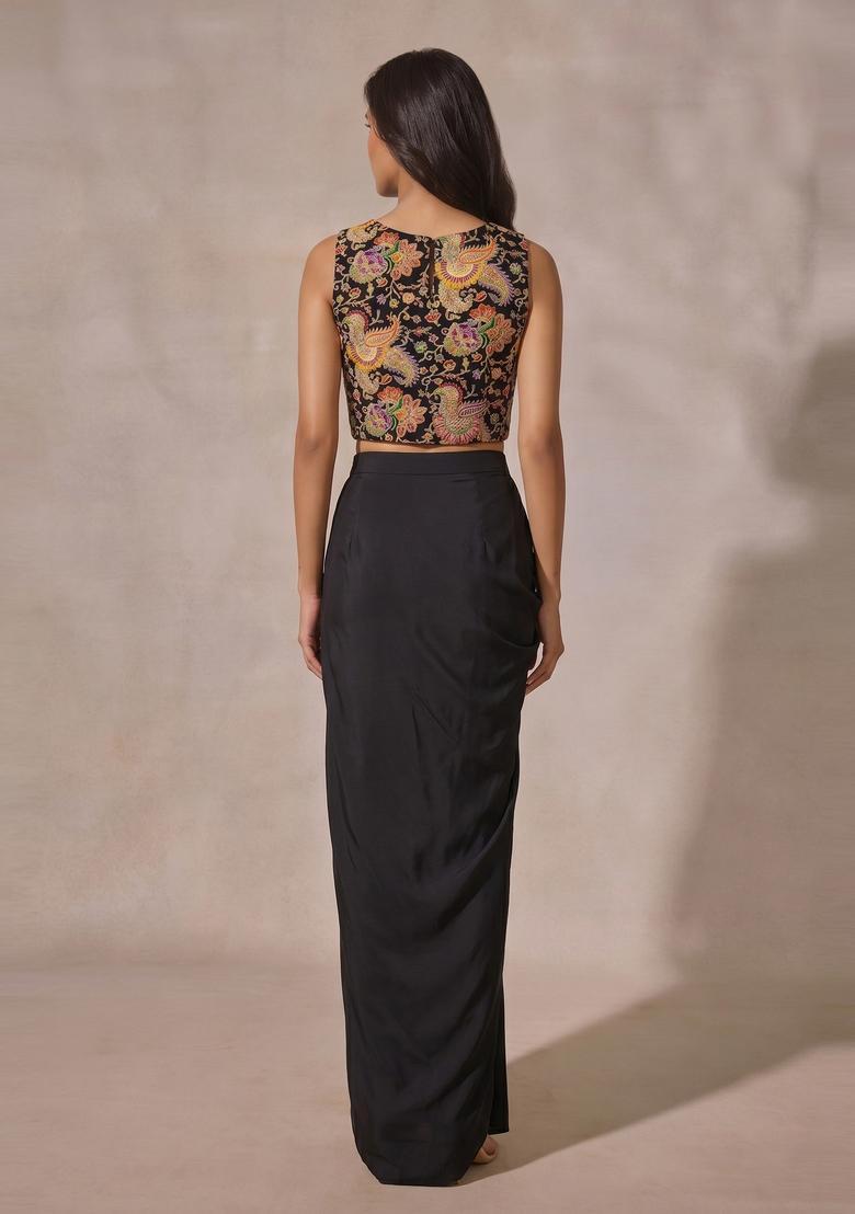 Black Embroidered Crepe Fusion Set - Indya