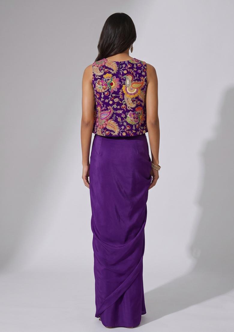 Royal Purple Embroidered Crepe Fusion Set - Indya